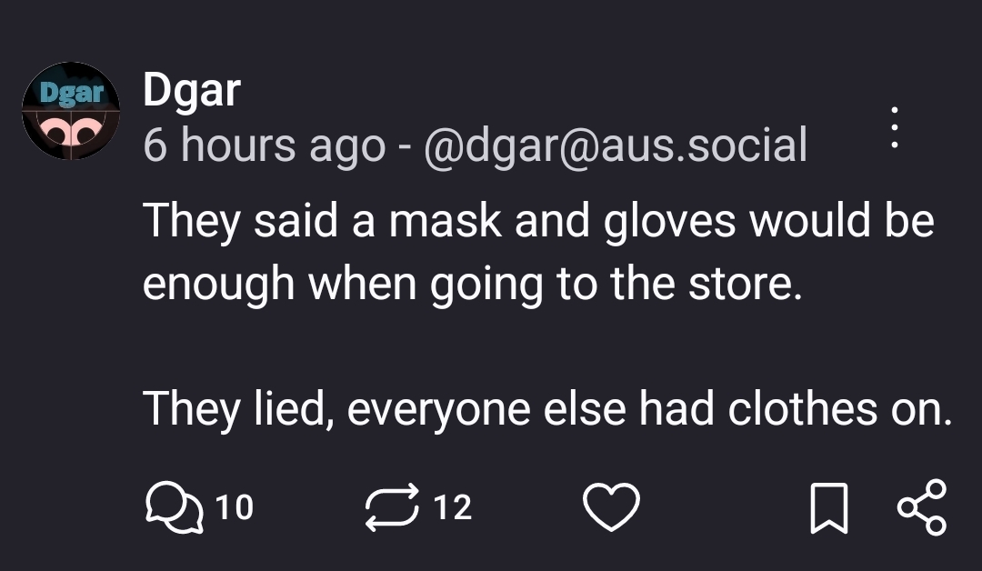 They said a mask and gloves would be enough when going to the store.

They lied, everyone else had clothes on.